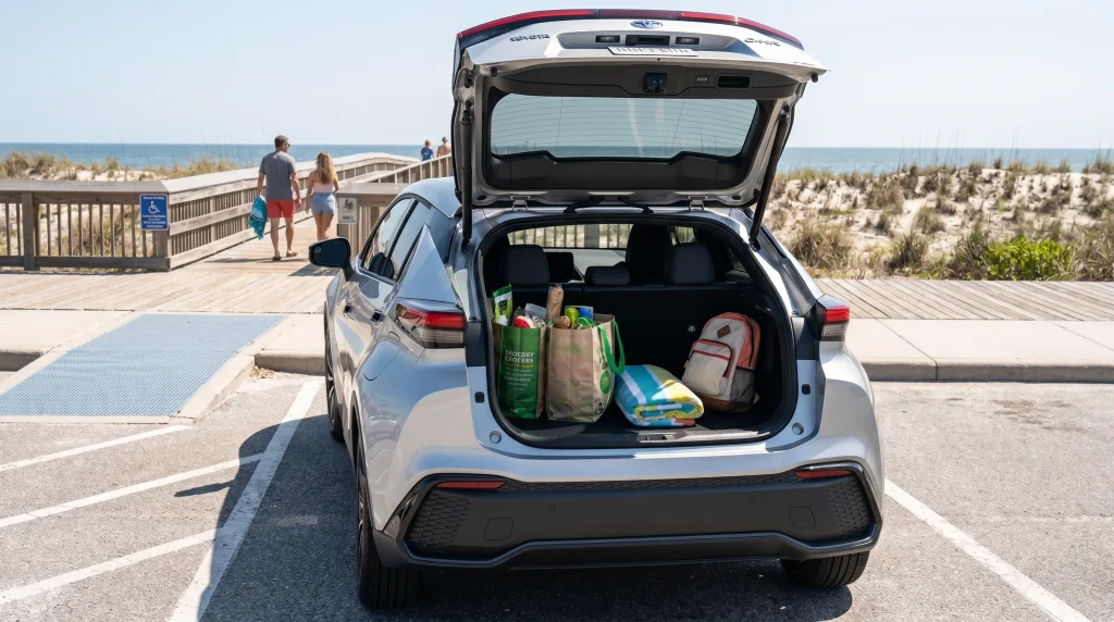 2026 Toyota C-HR with open trunk showing cargo space filled with beach gear near a coastal boardwalk